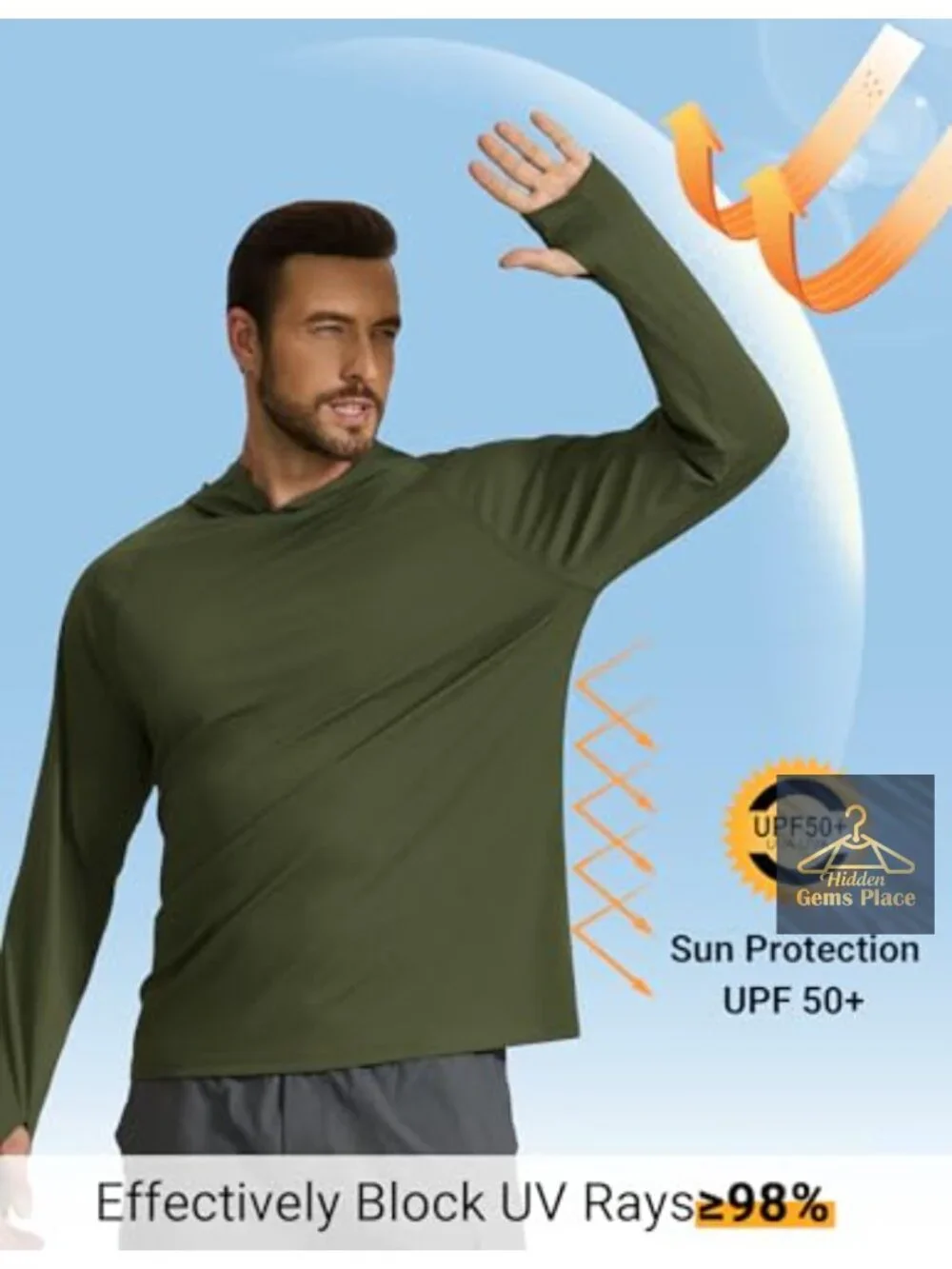 SPF 50+ Long Sleeve Rash Guard Sun Hoodie Fishing Shirt with Thumbhole